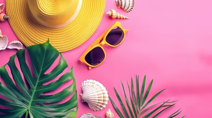 Fototapeta premium summer pink banner with yellow hat ,sunglasses,seashell and monstera leaf on pink background 