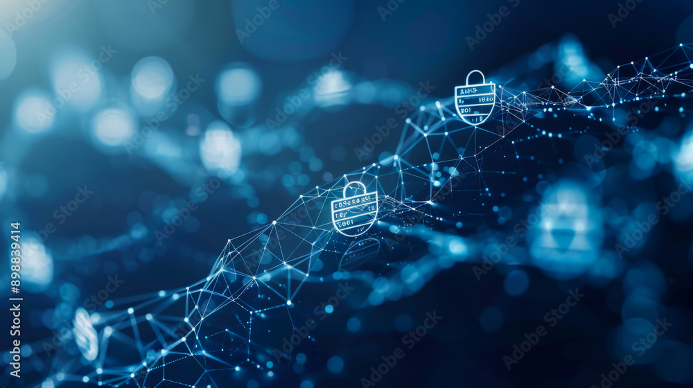 Poster multiple connecting networks with a combination lock on top on a light blue background. cybersecurit