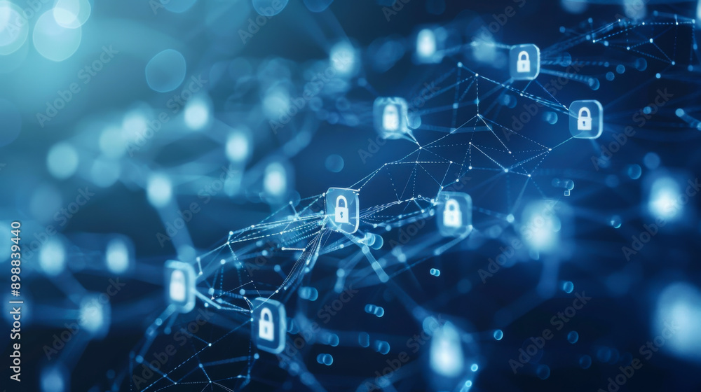 Poster multiple connecting networks with a combination lock on top on a light blue background. cybersecurit