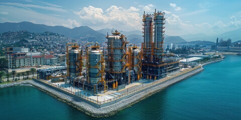 Obraz premium Kitan Industrial Plant Overlooking Seaside Cityscape on a Sunny Day