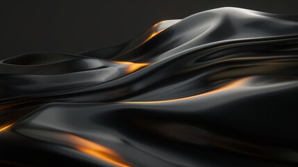 Abstract black fabric with gold reflections is flowing and waving creating a beautiful shape