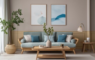 Aesthetic composition of cozy living room interior with mock up poster frame, modular sofa, blue pillows, wooden coffee table, patterned rug, curtain and personal accessories. Home decor. Template