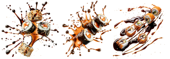 Set of delicious sushi rolls with soy sauce splashing, cut out
