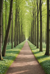 Fototapeta premium A tree lined path in a spring forest. 