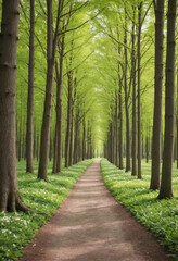  A tree lined path in a spring forest. 