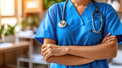 Nurse in Blue Scrubs at Hospital Preparing for Patient Care