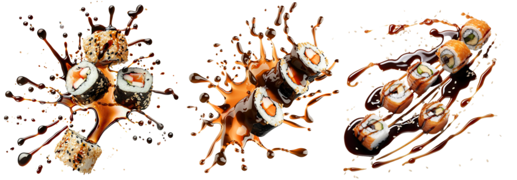 Set of delicious sushi rolls with soy sauce splashing, cut out