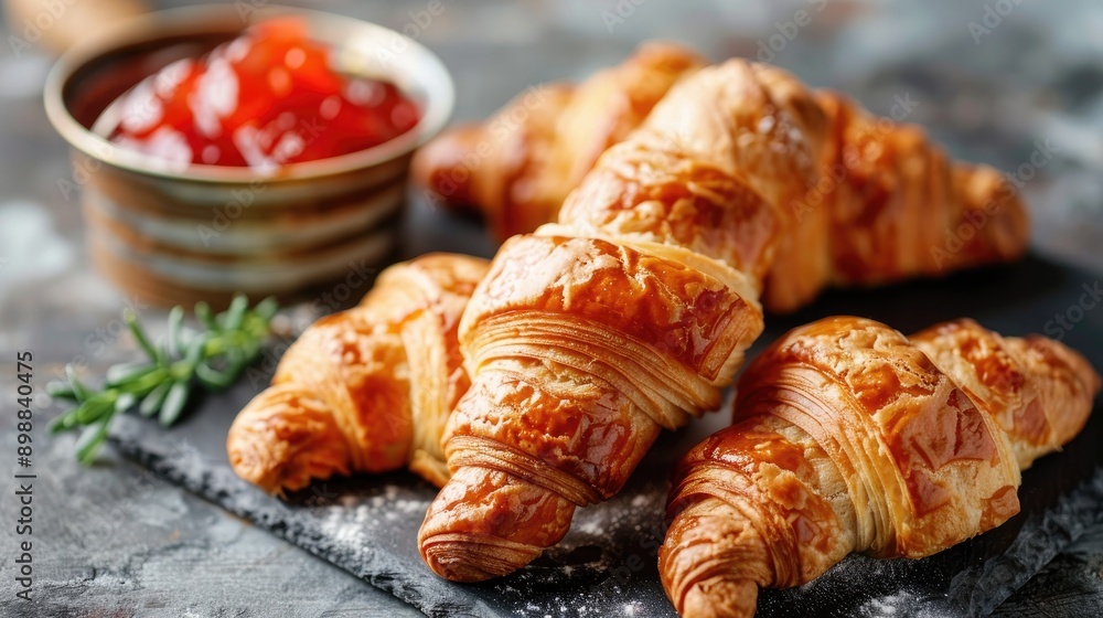 Poster fresh mini croissants with fruit jam on rustic background enjoyable breakfast setting
