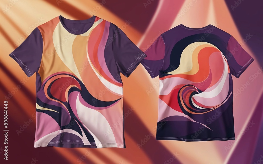 Poster back and front side both visible t-shirt displayed against a gradient background with warm, soft lig