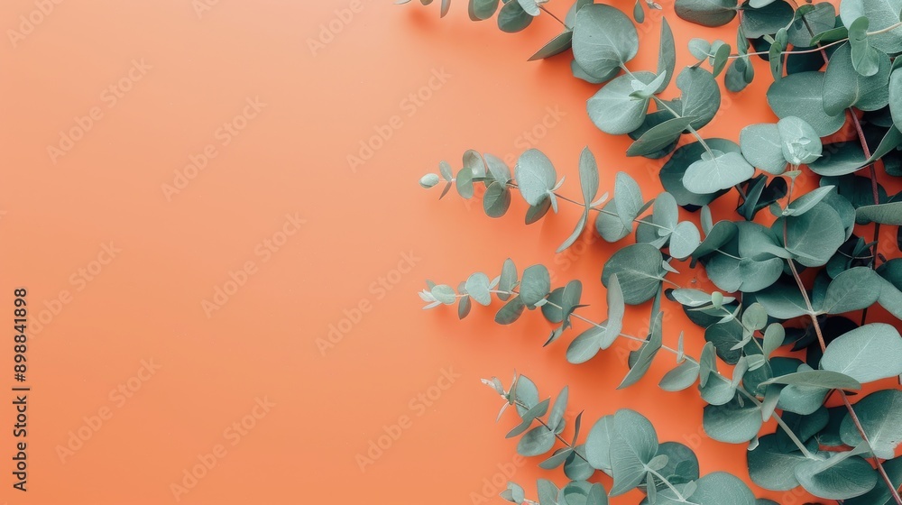 Poster mock up design with eucalyptus leaves on a soft orange backdrop for bloggers and invitations ample s