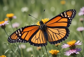 Fototapeta premium Monarch butterfly with intricate wing patterns flying amidst a field of wildflowers