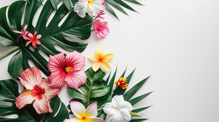 Obraz premium Tropical flowers and leaves composition on a white backdrop