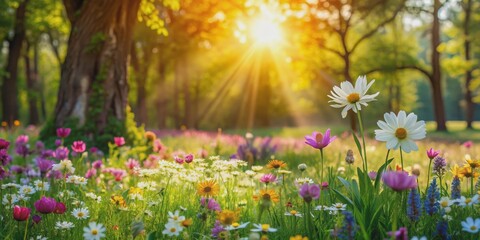 Obraz premium Beautiful flowers in a meadow among trees in rays of light, rendering, HDRI