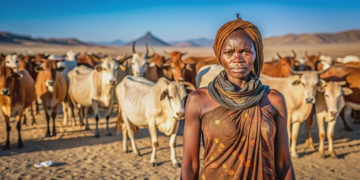 Portrait of tribal people living in Namibia's dry desert with their cows in the background, Namibia, Africa, tribal, desert