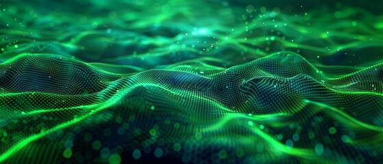 Abstract green particles wave is flowing forming a futuristic technology background