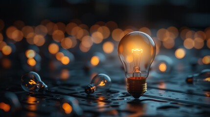Bright lightbulb among dimmed bulbs in dark space for creative problem solving and innovation
