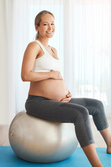 Pregnant, woman and wellness ball in home portrait, labour preparation and posture on maternity leave. Pregnancy pilates, back relief and encouraging baby movement, happy and relaxed mother in house