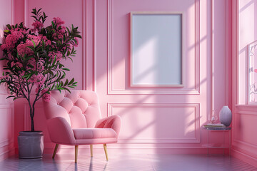 Chic living room pastel color accents with empty frame