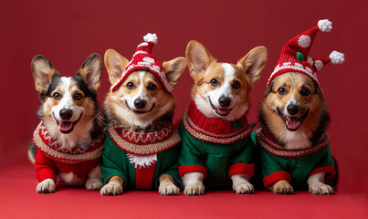 Four cute corgis in Christmas elf costumes on red isolated background. Knitted Elf jumpers on corgi. Christmas celebration with pets.