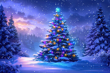 A Snowy Christmas Night in a Winter Forest