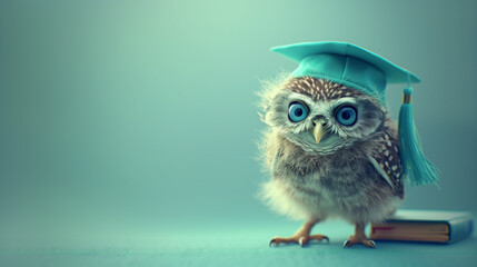 Cute and funny baby owl with blue eyes in turquoise graduation cap with a book, against light green background with empty space