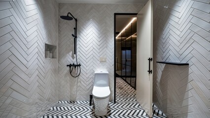 A bathroom with a toilet and shower in it, AI