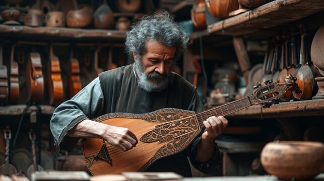 Elderly musician skillfully plays a traditional string instrument amidst a workshop filled with handcrafted wooden pieces, showcasing cultural artistry.