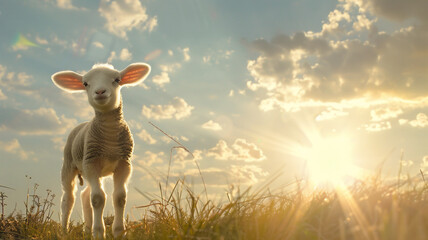 A cute baby sheep standing in in pasture during the day with a beautiful skyscape; a spring background with copy space and sun rays 