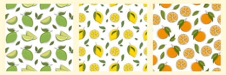 Fresh Lemon Lime Orange seamless Patterns set. Modern Doodle citrus tropical Fruits texture. Abstract Food Background for package, cover, fabric design