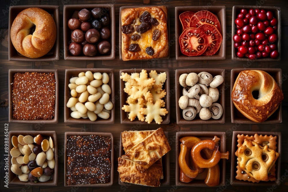 Poster assorted gourmet chocolates and pastries in a box on a dark background representing indulgence and l