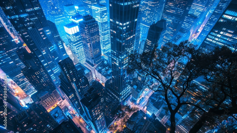 Poster Elevated blue night cityscape  skyscrapers aglow with neon lights, autumn leaves in illumination