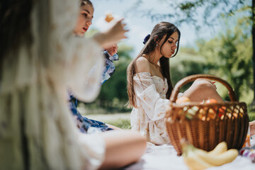 Two young women having a relaxing picnic, with one sitting back enjoying a cool drink and the other gazing thoughtfully at a fruit basket.