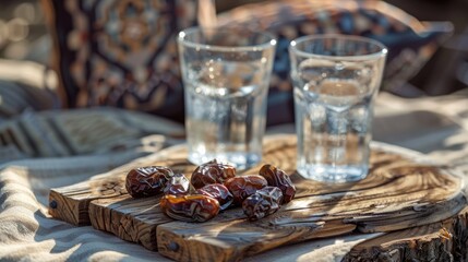 Healthy suhoor snack dried dates and water on wooden boards