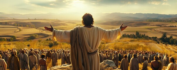 Jesus Christ Preaching the Sermon on the Mount to a Large Crowd in a Vast Landscape
