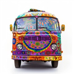 Medium shot of Hippie bus, isolated on a white background, bright and vivid tonality 
