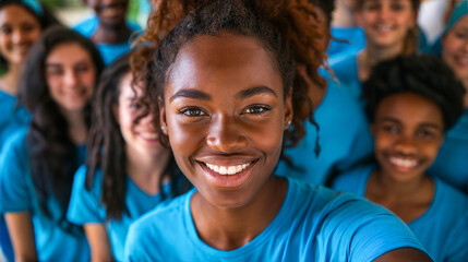 Fototapeta premium A group of diverse people in blue shirts take a selfie, smiling