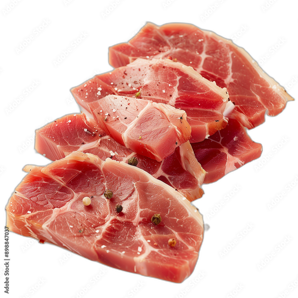Poster crispy pork loin slices with a hint of pepper on white background - high resolution professional foo