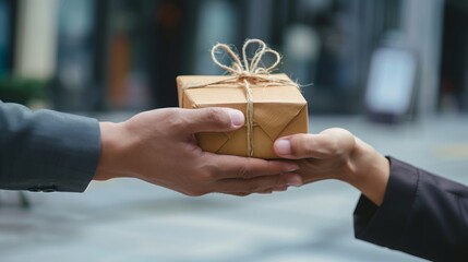 Hands Exchanging a Brown Wrapped Gift Tied with Twine Ribbon Outdoors
