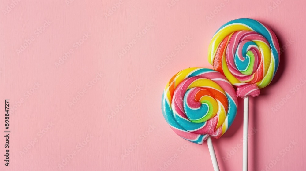 Poster two colorful lollipops on pink backdrop with empty space on the side