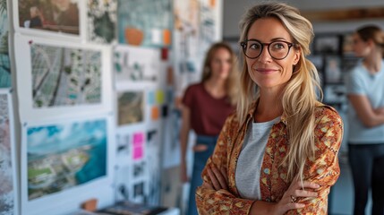Confident woman in stylish attire poses in creative studio filled with design inspirations, showcasing collaboration in a vibrant workspace.