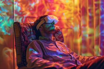 Fototapeta premium A man relaxing in an armchair having a psychedelic experience to treat mental health issues - AI Generated