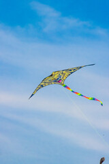 colorful kite gliding in the sky, colorful kite with yellow, blue, and more colors