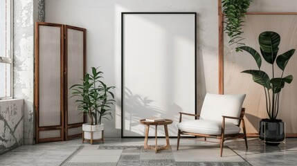 Fototapeta premium Modern style living room interior design with mock up poster frame armchair folding screen coffee table commode and personal accessories Template for creativity
