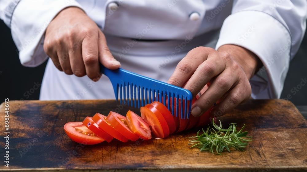 Poster a chef using a comb to cut tomatoes into slices, ai