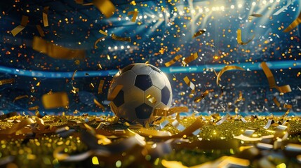 soccer ball on a vibrant field with confetti and celebratory lights