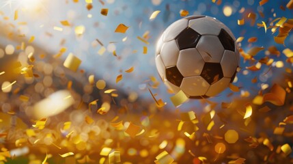 Fototapeta premium soccer ball on a vibrant field with confetti and celebratory lights