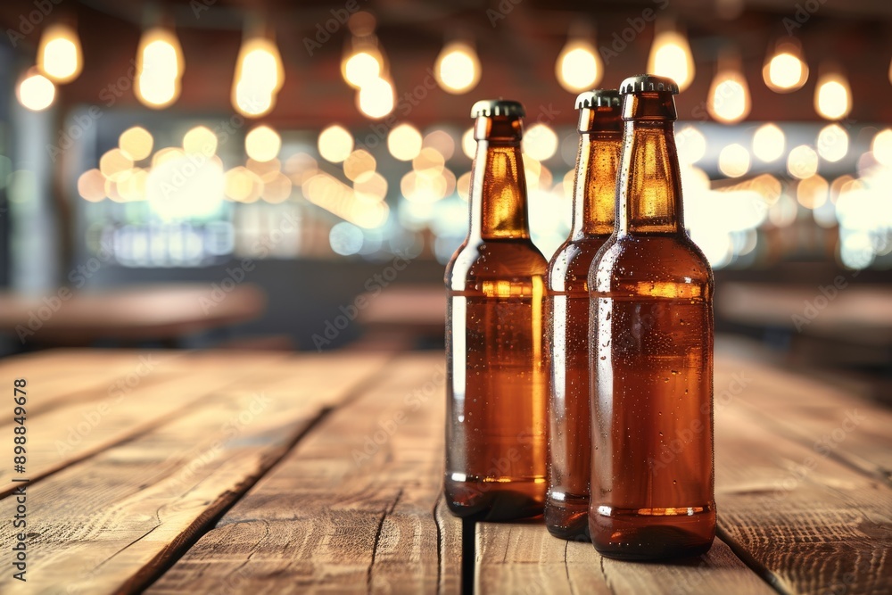 Poster bottles of beer on a wooden table with autumn leaves and a warm lit background creating a cozy and f
