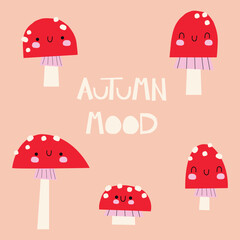 Cute mushroom characters. Childish print for stickers, party invitation and background
