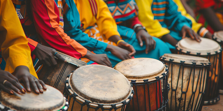C&iacute;rculo de tambores africanos com participantes em roupas coloridas