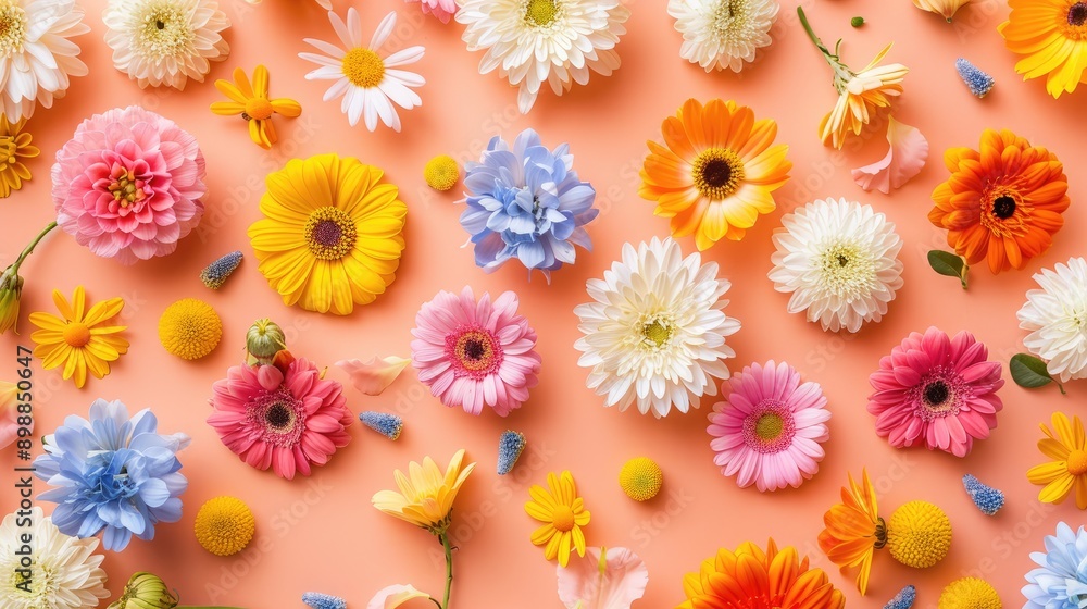 Poster colorful spring flower pattern with space for text minimalist flat lay style